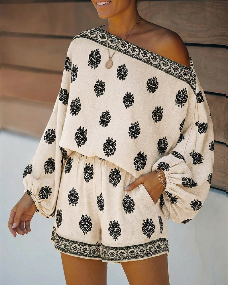 Effortless Floral Two Piece Set for Women with Off Shoulder Batwing Sleeve Boho Style