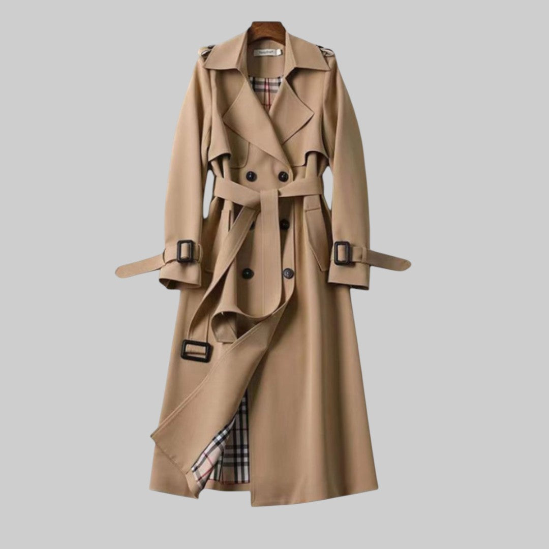 Elegant Plaid Lined Trench Coat for Women with Notch Lapel Long Sleeve Belted Double Breasted Style
