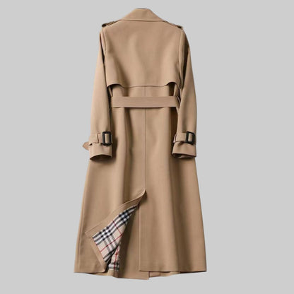 Elegant Plaid Lined Trench Coat for Women with Notch Lapel Long Sleeve Belted Double Breasted Style