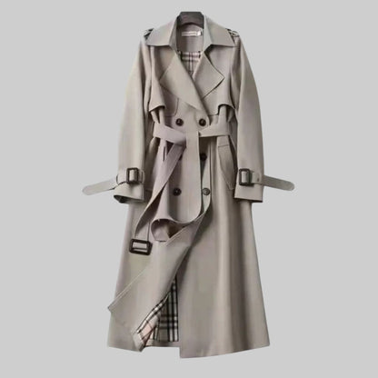 Elegant Plaid Lined Trench Coat for Women with Notch Lapel Long Sleeve Belted Double Breasted Style