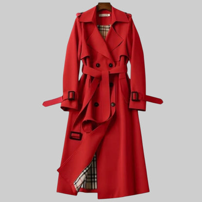 Elegant Plaid Lined Trench Coat for Women with Notch Lapel Long Sleeve Belted Double Breasted Style