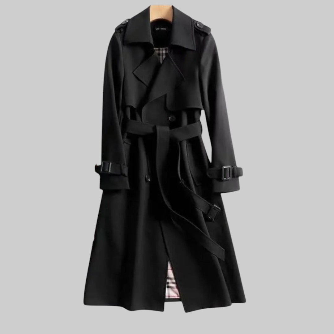 Elegant Plaid Lined Trench Coat for Women with Notch Lapel Long Sleeve Belted Double Breasted Style