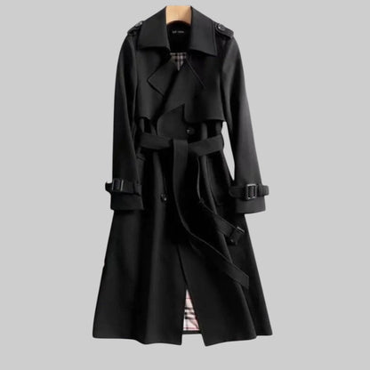 Elegant Plaid Lined Trench Coat for Women with Notch Lapel Long Sleeve Belted Double Breasted Style