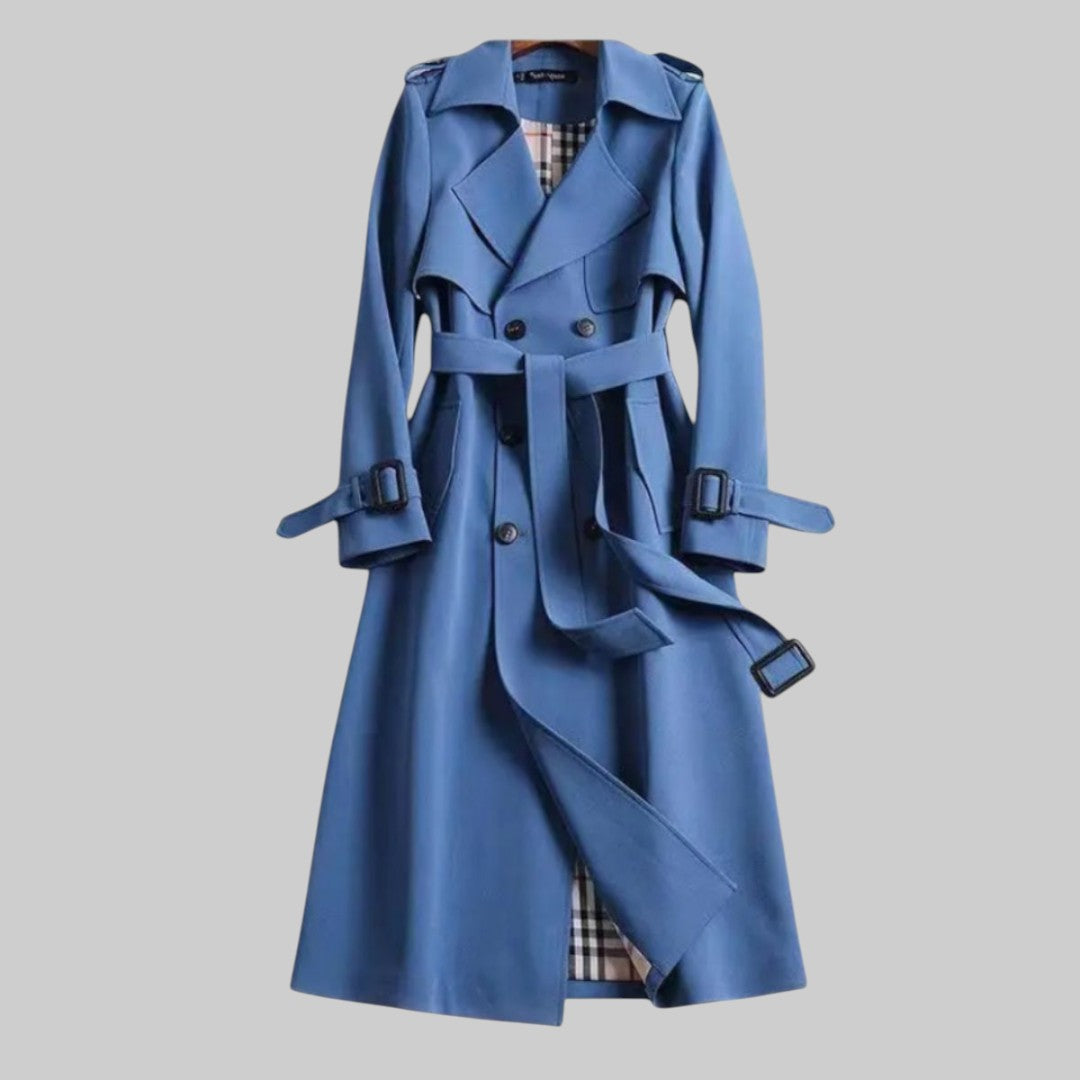Elegant Plaid Lined Trench Coat for Women with Notch Lapel Long Sleeve Belted Double Breasted Style
