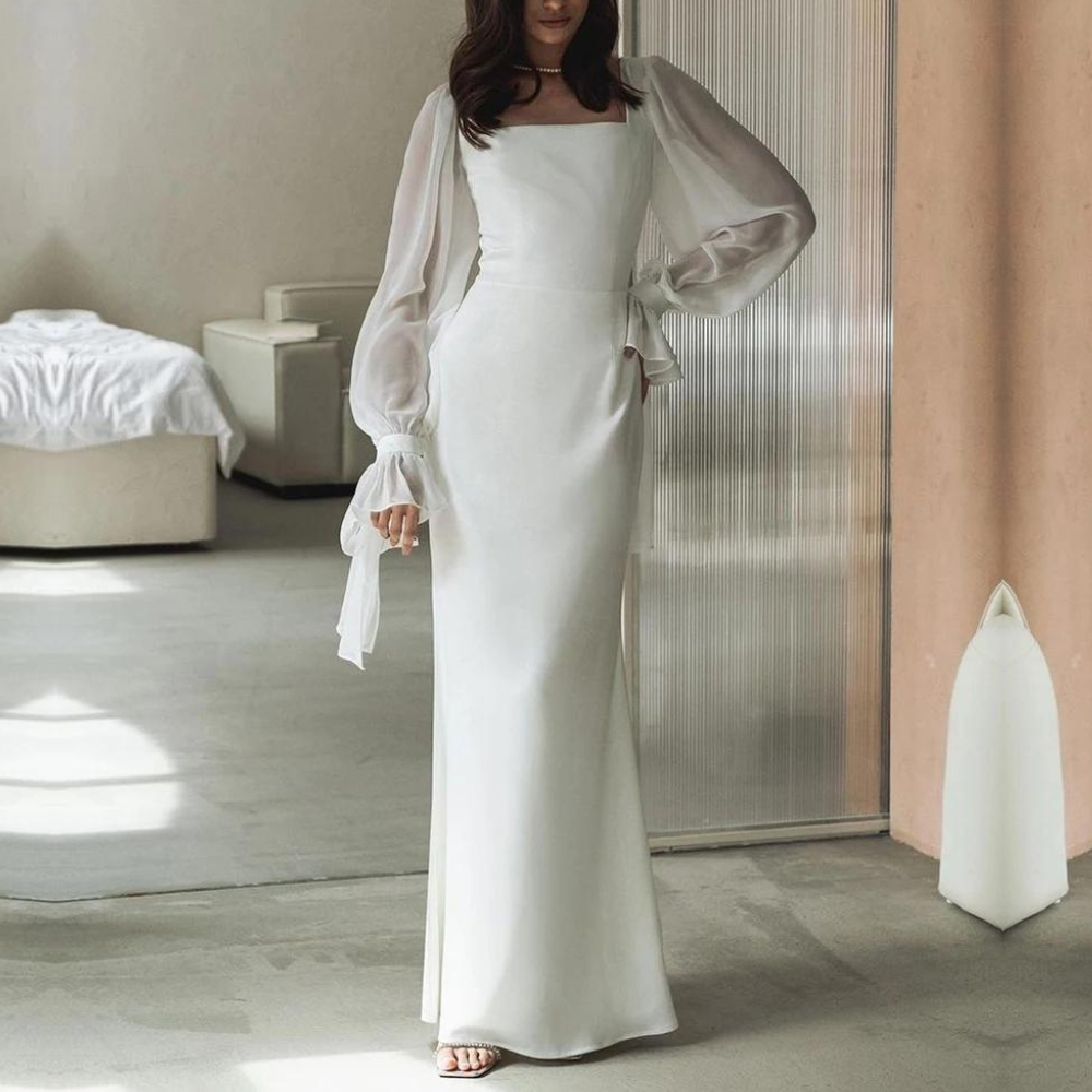 Elegant White Maxi Dress for Women with Square Neck Balloon Sleeve Bodycon Formal Wedding Guest Style