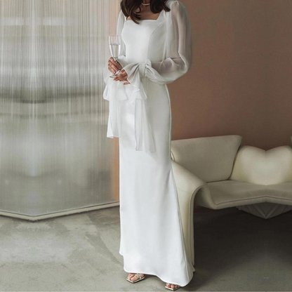 Elegant White Maxi Dress for Women with Square Neck Balloon Sleeve Bodycon Formal Wedding Guest Style