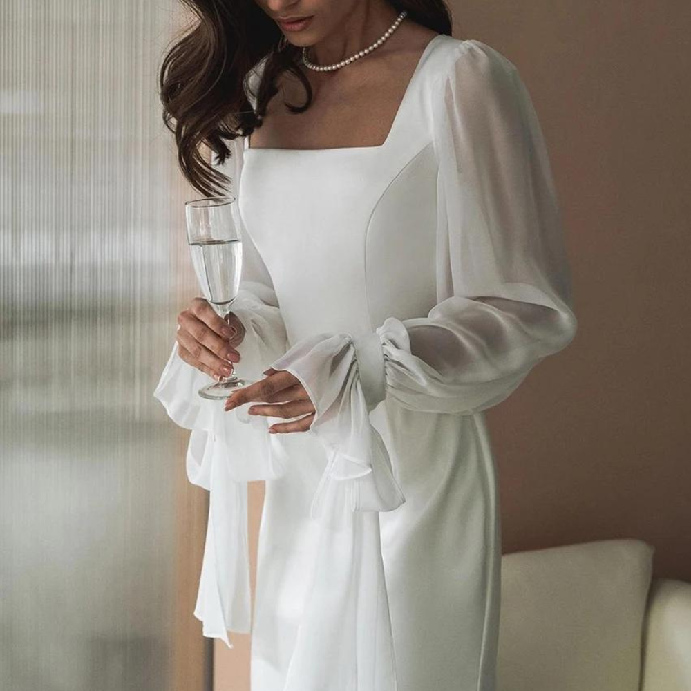 Elegant White Maxi Dress for Women with Square Neck Balloon Sleeve Bodycon Formal Wedding Guest Style