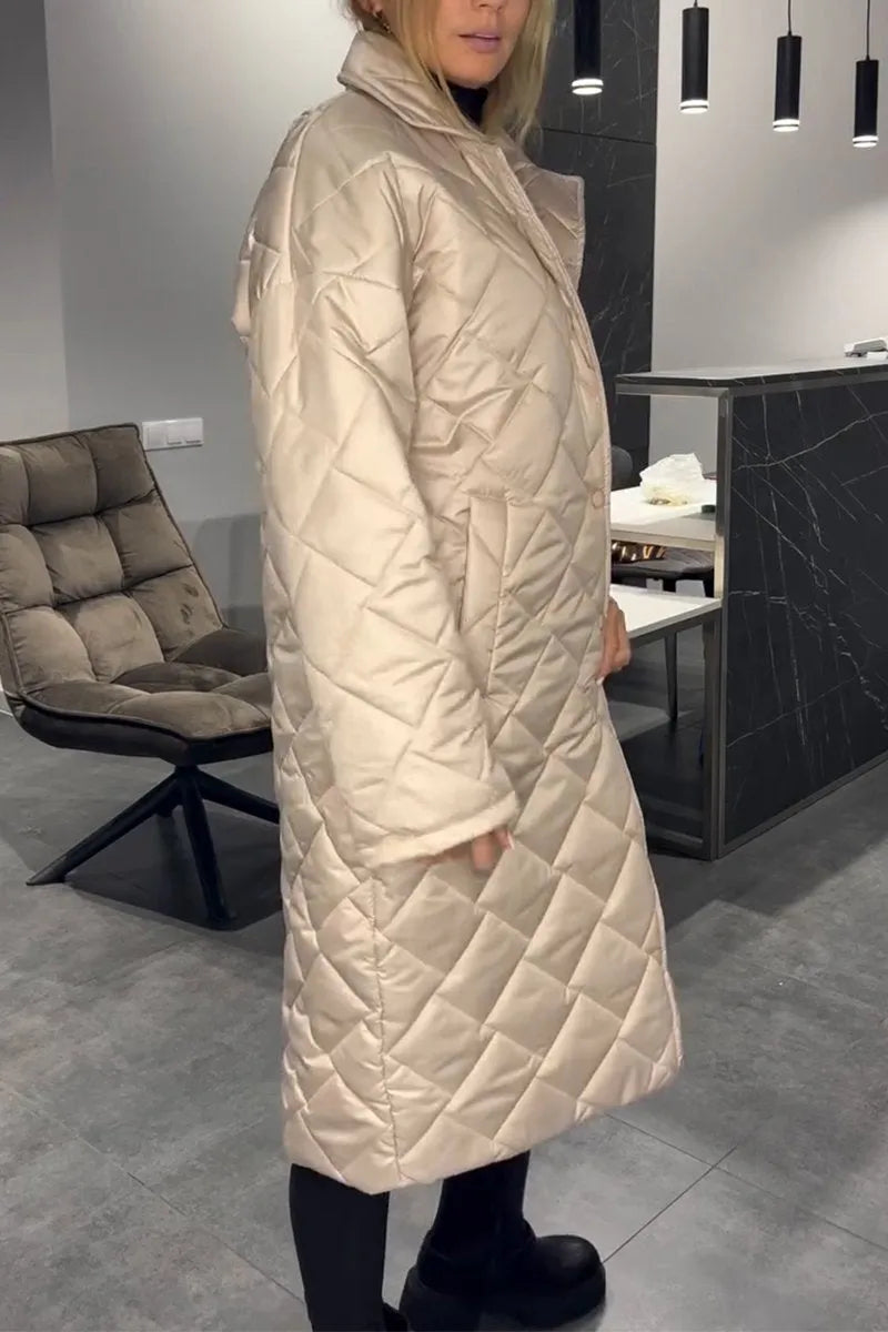 Elegant Quilted Longline Coat for Women with Notch Collar Long Sleeve Leopard Trim Oversized Style