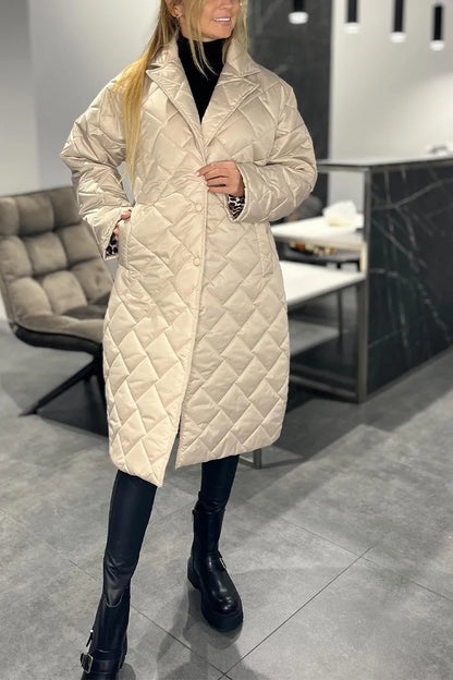 Elegant Quilted Longline Coat for Women with Notch Collar Long Sleeve Leopard Trim Oversized Style
