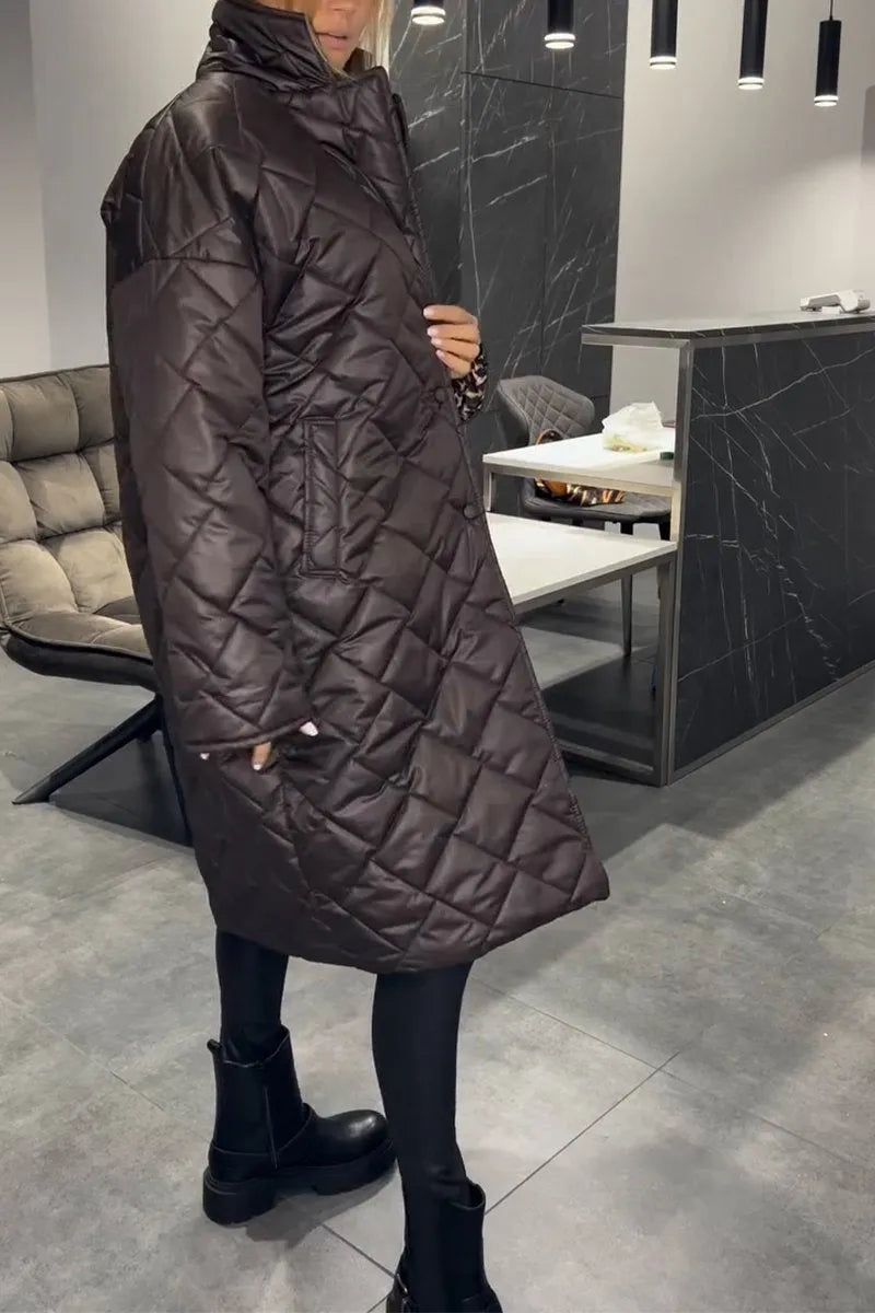 Elegant Quilted Longline Coat for Women with Notch Collar Long Sleeve Leopard Trim Oversized Style