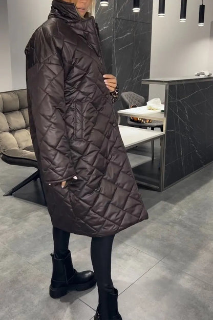 Elegant Quilted Longline Coat for Women with Notch Collar Long Sleeve Leopard Trim Oversized Style