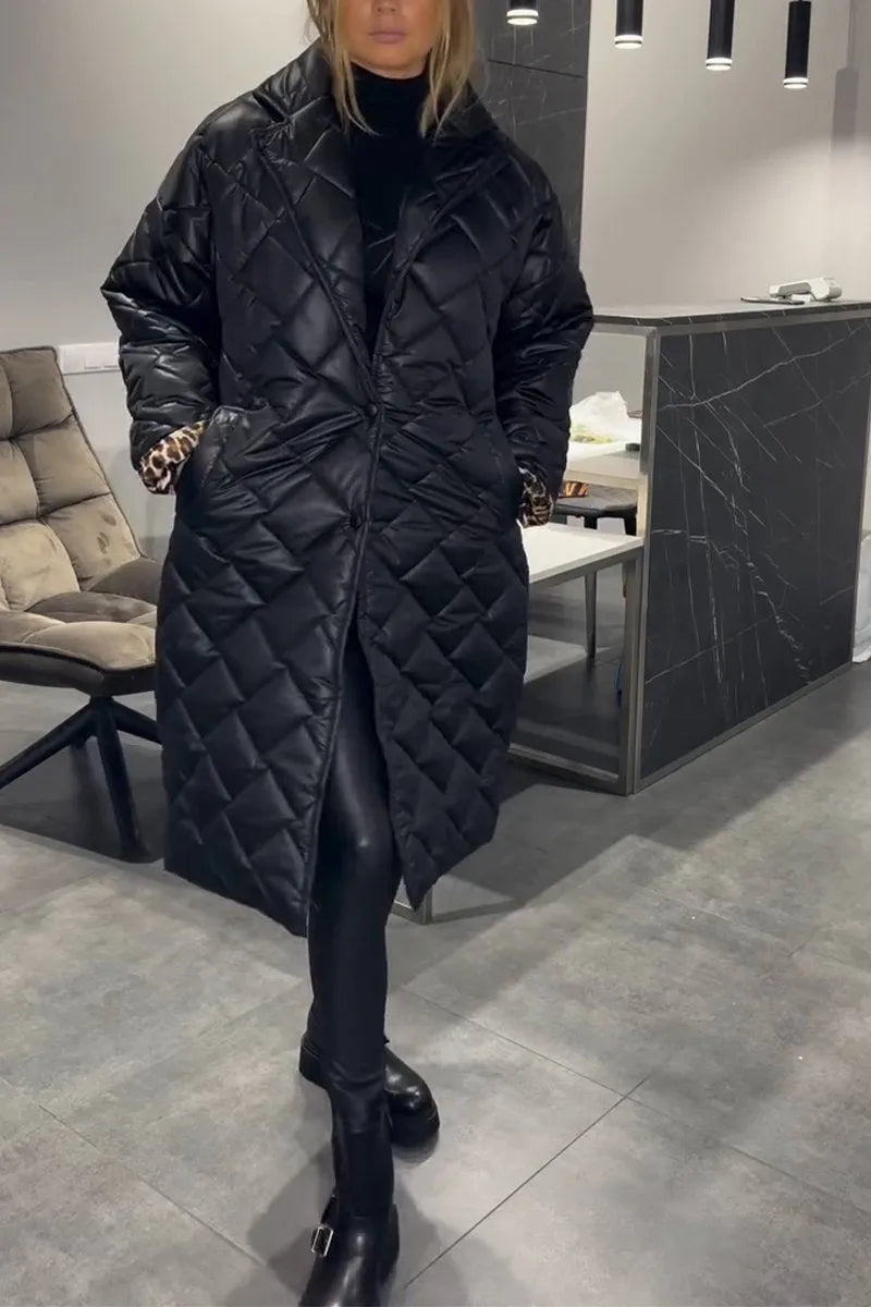 Elegant Quilted Longline Coat for Women with Notch Collar Long Sleeve Leopard Trim Oversized Style