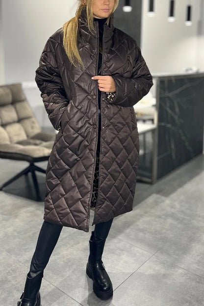 Elegant Quilted Longline Coat for Women with Notch Collar Long Sleeve Leopard Trim Oversized Style