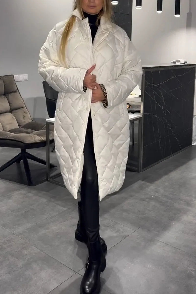 Elegant Quilted Longline Coat for Women with Notch Collar Long Sleeve Leopard Trim Oversized Style