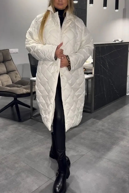 Elegant Quilted Longline Coat for Women with Notch Collar Long Sleeve Leopard Trim Oversized Style