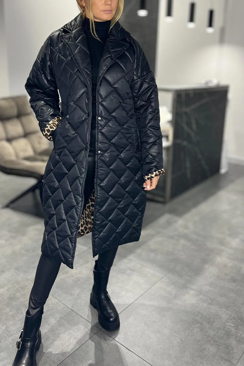Elegant Quilted Longline Coat for Women with Notch Collar Long Sleeve Leopard Trim Oversized Style