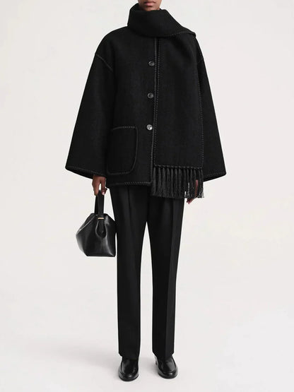 Effortless Whipstitch Wool Cape Jacket for Women with Funnel Neck Long Sleeve Fringe Trim Oversized Style