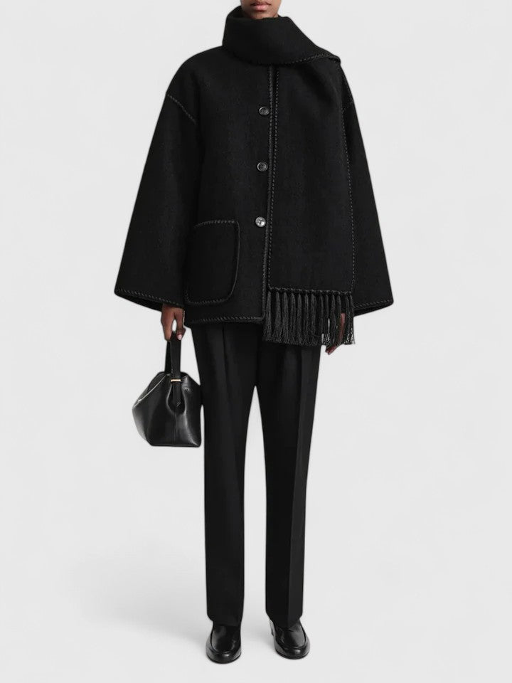 Effortless Whipstitch Wool Cape Jacket for Women with Funnel Neck Long Sleeve Fringe Trim Oversized Style