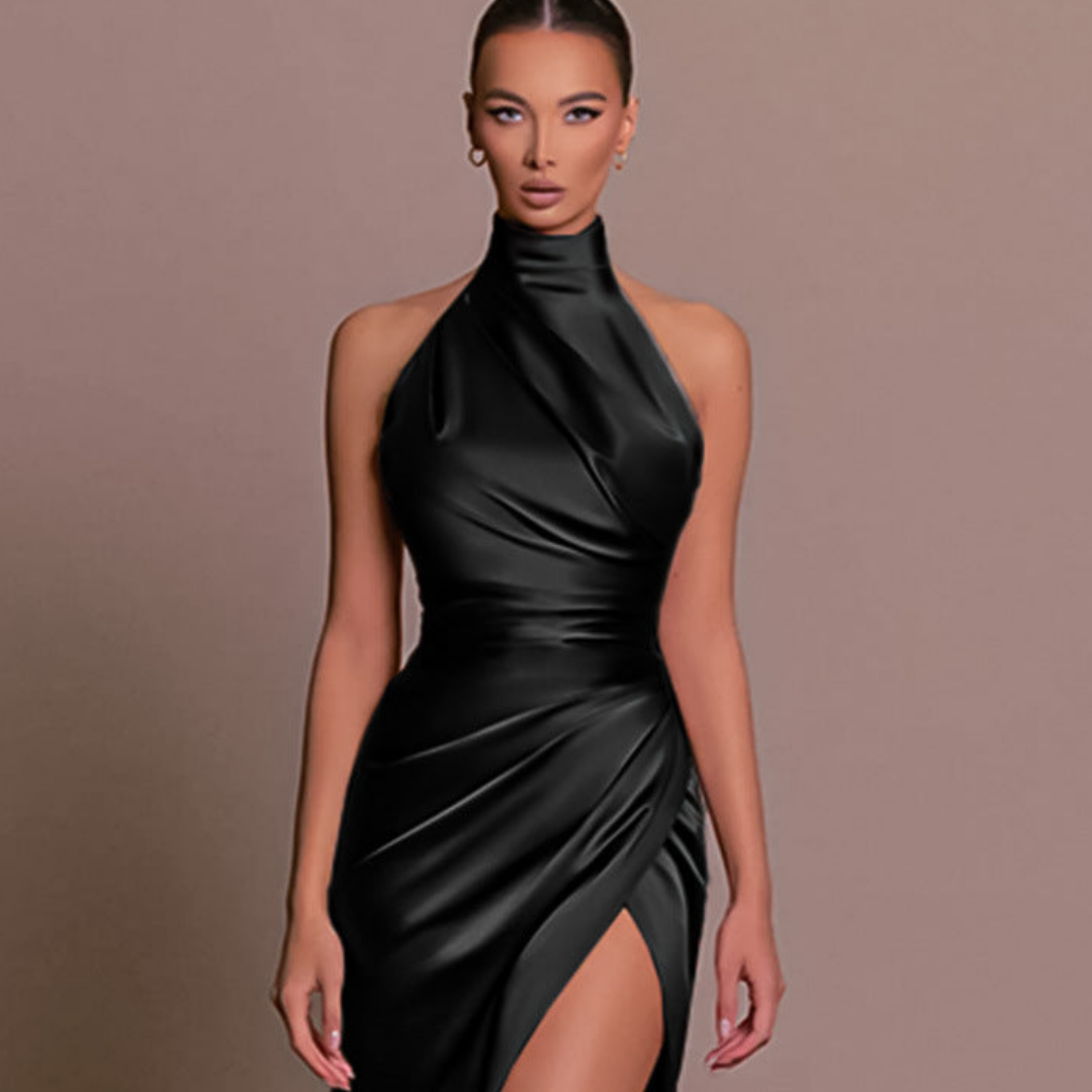 Elegant Satin Midi Dress for Women with High Neck Sleeveless Ruched Bodycon Cocktail Style