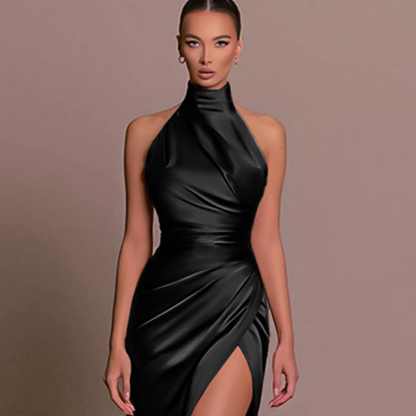 Elegant Satin Midi Dress for Women with High Neck Sleeveless Ruched Bodycon Cocktail Style