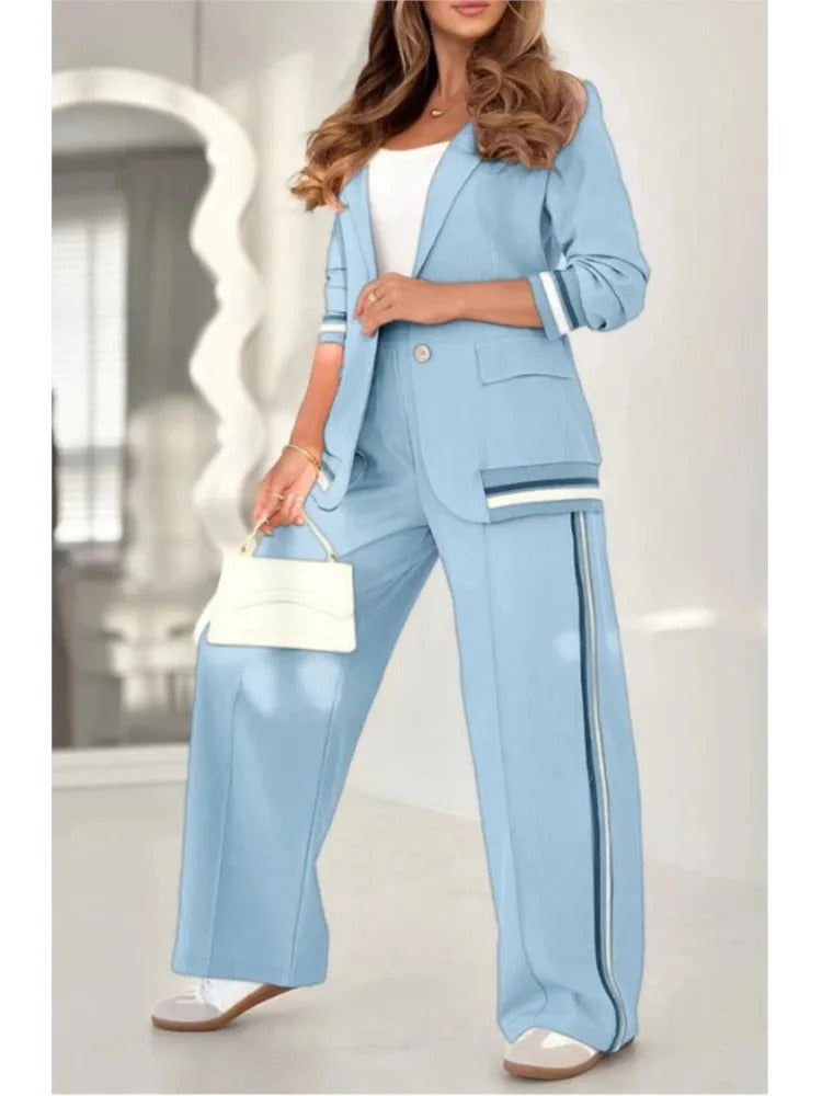 Elegant Striped Blazer Two Piece Set for Women with Notched Lapel Long Sleeve Wide Leg Pant Office Style