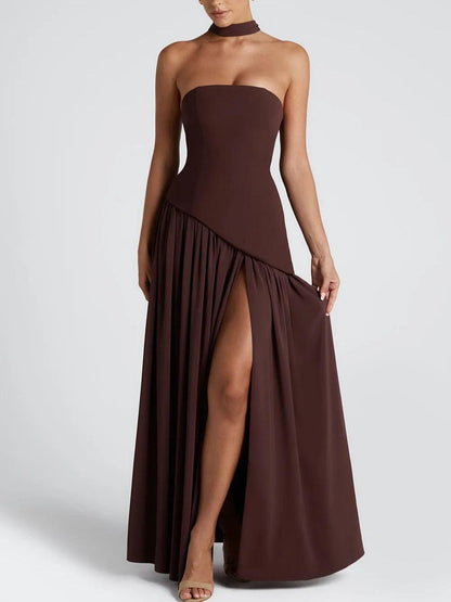 Elegant Draped Maxi Dress for Women with Strapless Choker Cape Sleeve High Slit Formal Wedding Guest Style