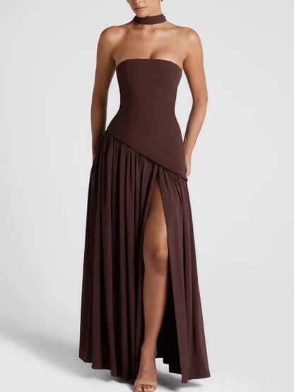 Elegant Draped Maxi Dress for Women with Strapless Choker Cape Sleeve High Slit Formal Wedding Guest Style