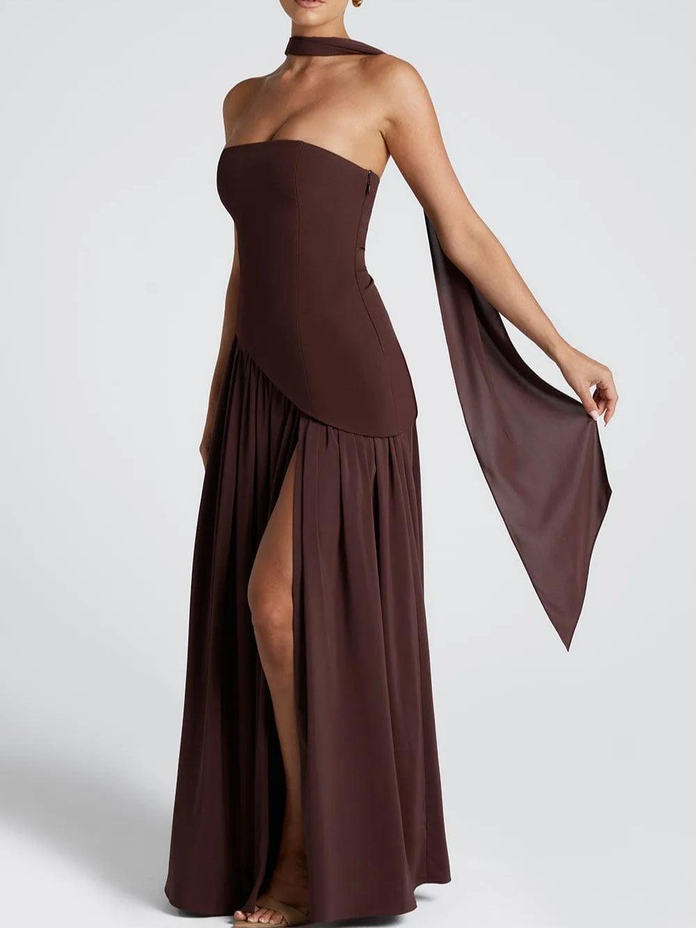 Elegant Draped Maxi Dress for Women with Strapless Choker Cape Sleeve High Slit Formal Wedding Guest Style