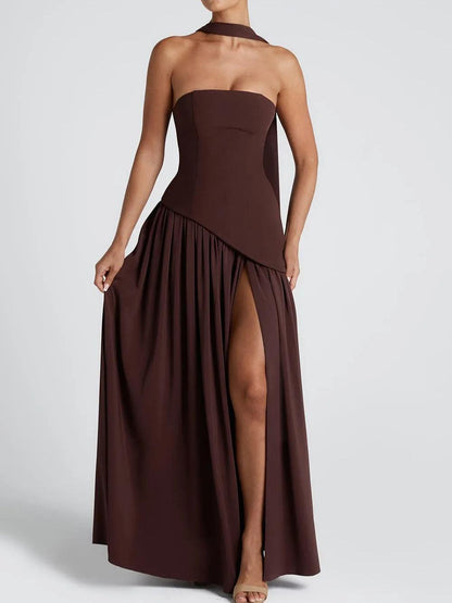 Elegant Draped Maxi Dress for Women with Strapless Choker Cape Sleeve High Slit Formal Wedding Guest Style