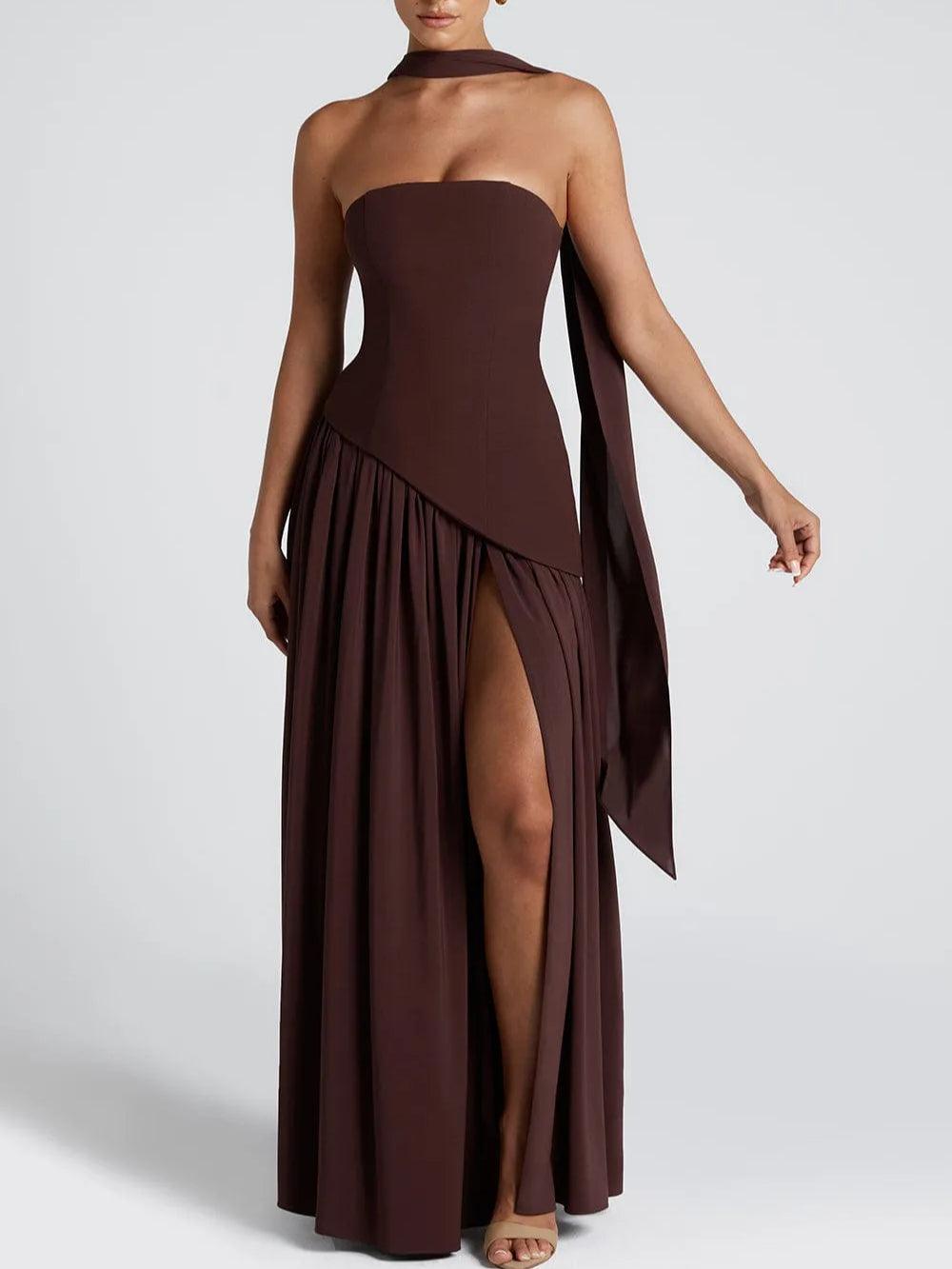 Elegant Draped Maxi Dress for Women with Strapless Choker Cape Sleeve High Slit Formal Wedding Guest Style