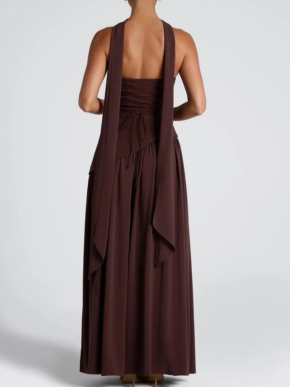 Elegant Draped Maxi Dress for Women with Strapless Choker Cape Sleeve High Slit Formal Wedding Guest Style