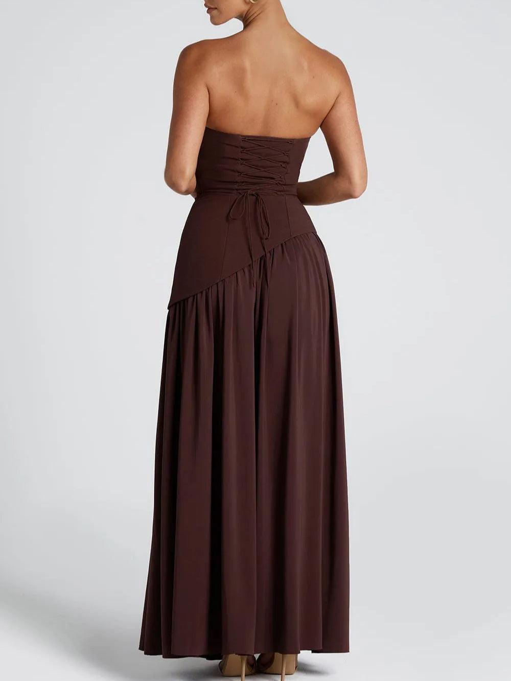 Elegant Draped Maxi Dress for Women with Strapless Choker Cape Sleeve High Slit Formal Wedding Guest Style