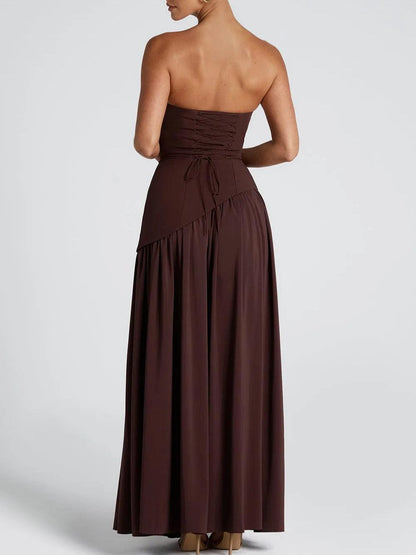 Elegant Draped Maxi Dress for Women with Strapless Choker Cape Sleeve High Slit Formal Wedding Guest Style
