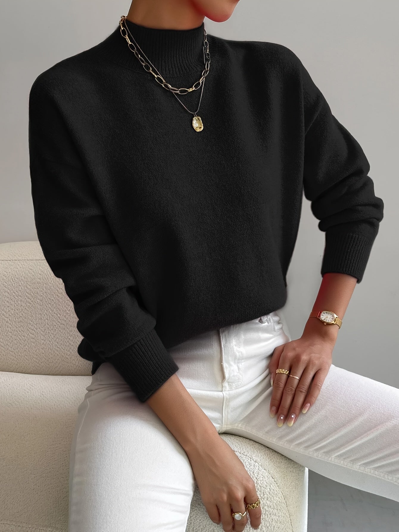 Comfortable Mock Neck Sweater for Women with Long Sleeve Ribbed Cuff Relaxed Oversized Knit Style