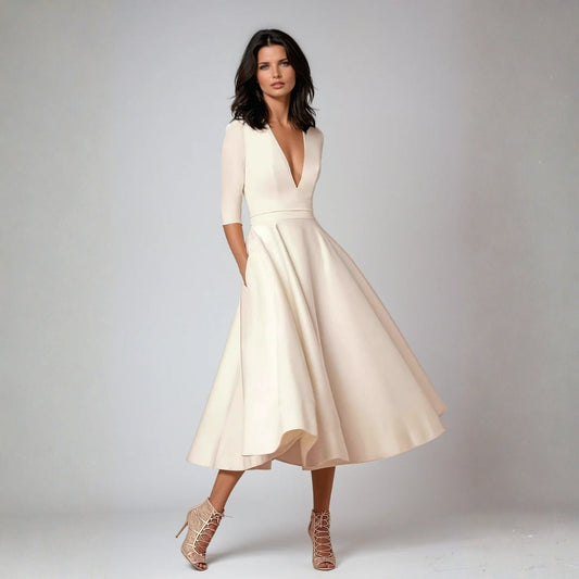 Elegant White Satin Midi Dress for Women with V Neck Elbow Sleeve A Line Flowing Wedding Guest Style