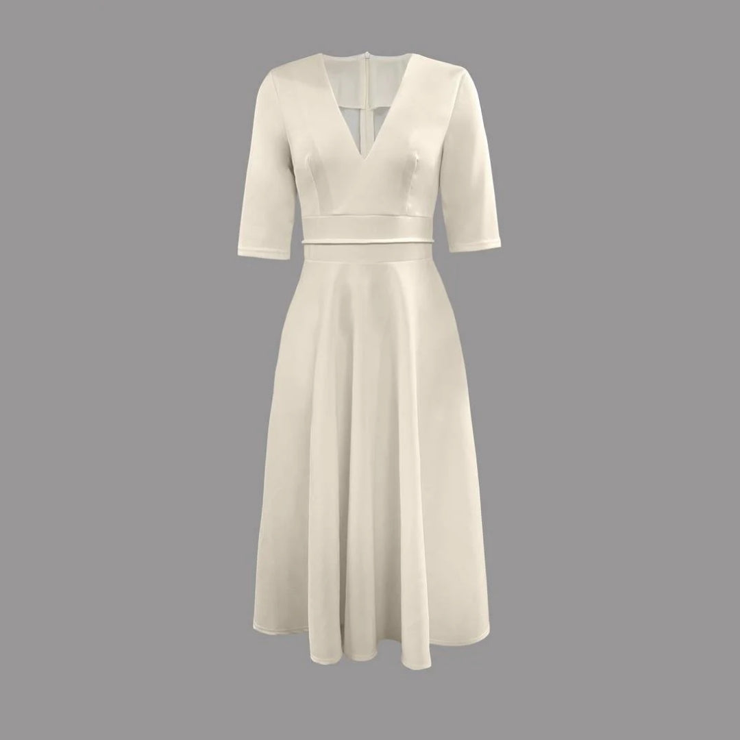 Elegant White Satin Midi Dress for Women with V Neck Elbow Sleeve A Line Flowing Wedding Guest Style