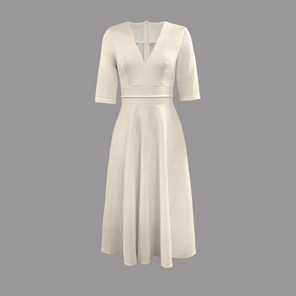 Elegant White Satin Midi Dress for Women with V Neck Elbow Sleeve A Line Flowing Wedding Guest Style