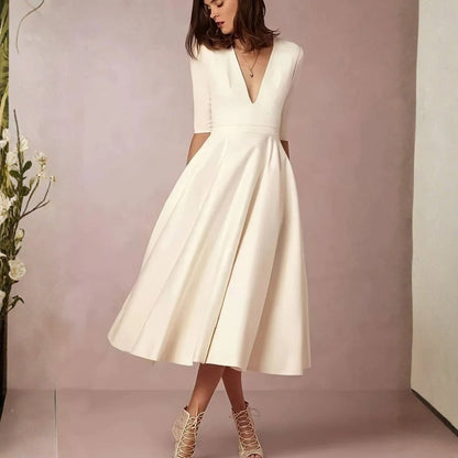 Elegant White Satin Midi Dress for Women with V Neck Elbow Sleeve A Line Flowing Wedding Guest Style