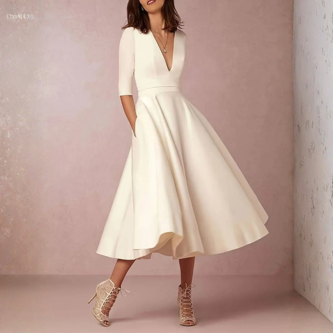 Elegant White Satin Midi Dress for Women with V Neck Elbow Sleeve A Line Flowing Wedding Guest Style