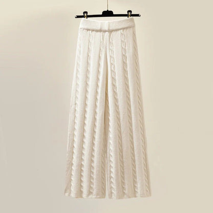 Elegant White Sherpa Vest Three Piece Set for Women with Turtleneck Sweater Wide Leg Pant Cozy Knit Style