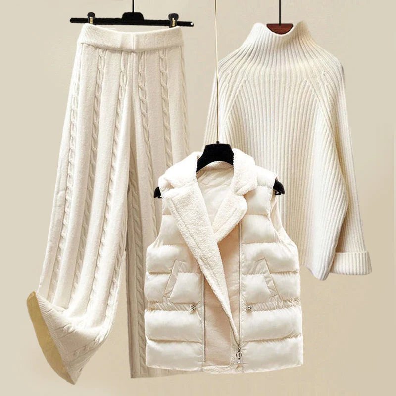 Elegant White Sherpa Vest Three Piece Set for Women with Turtleneck Sweater Wide Leg Pant Cozy Knit Style