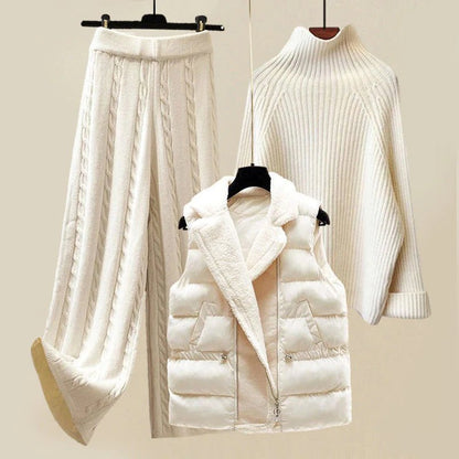 Elegant White Sherpa Vest Three Piece Set for Women with Turtleneck Sweater Wide Leg Pant Cozy Knit Style