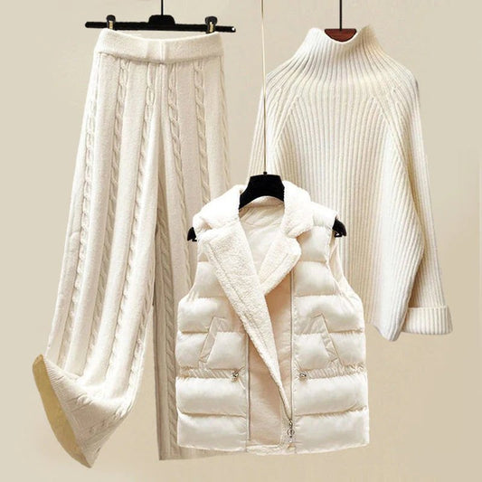 Elegant White Sherpa Vest Three Piece Set for Women with Turtleneck Sweater Wide Leg Pant Cozy Knit Style