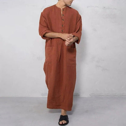 Effortless Linen Kaftan Robe for Women with Band Collar Long Sleeve Button Front Side Slit Flowing Style