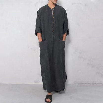 Effortless Linen Kaftan Robe for Women with Band Collar Long Sleeve Button Front Side Slit Flowing Style