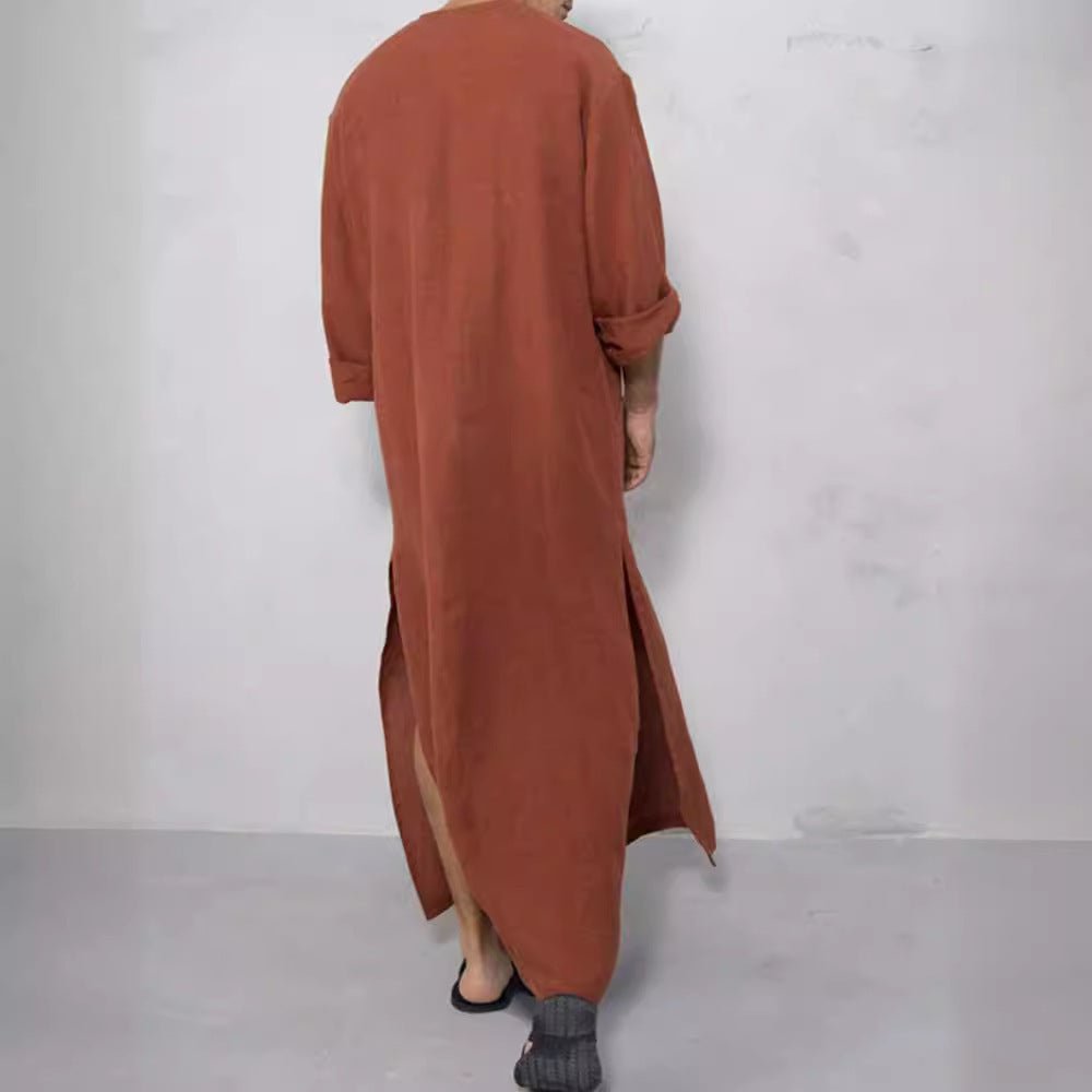 Effortless Linen Kaftan Robe for Women with Band Collar Long Sleeve Button Front Side Slit Flowing Style