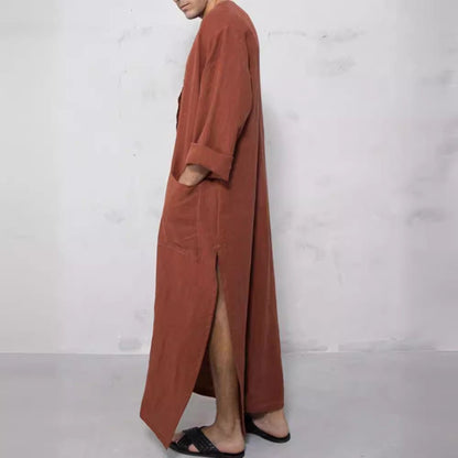 Effortless Linen Kaftan Robe for Women with Band Collar Long Sleeve Button Front Side Slit Flowing Style