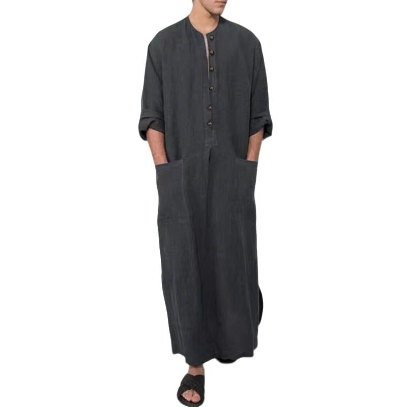 Effortless Linen Kaftan Robe for Women with Band Collar Long Sleeve Button Front Side Slit Flowing Style