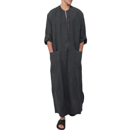 Effortless Linen Kaftan Robe for Women with Band Collar Long Sleeve Button Front Side Slit Flowing Style
