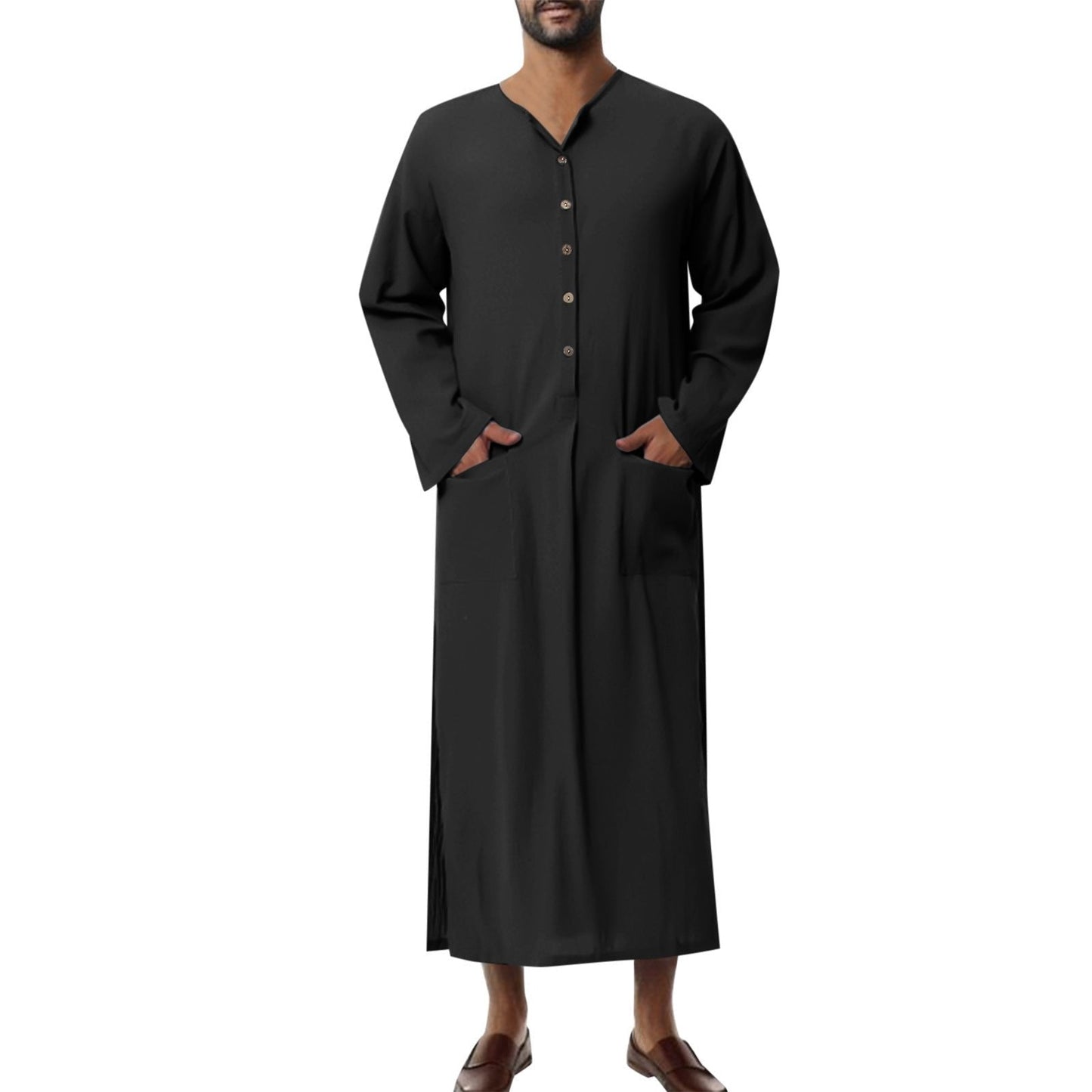 Effortless Linen Kaftan Robe for Women with Band Collar Long Sleeve Button Front Side Slit Flowing Style